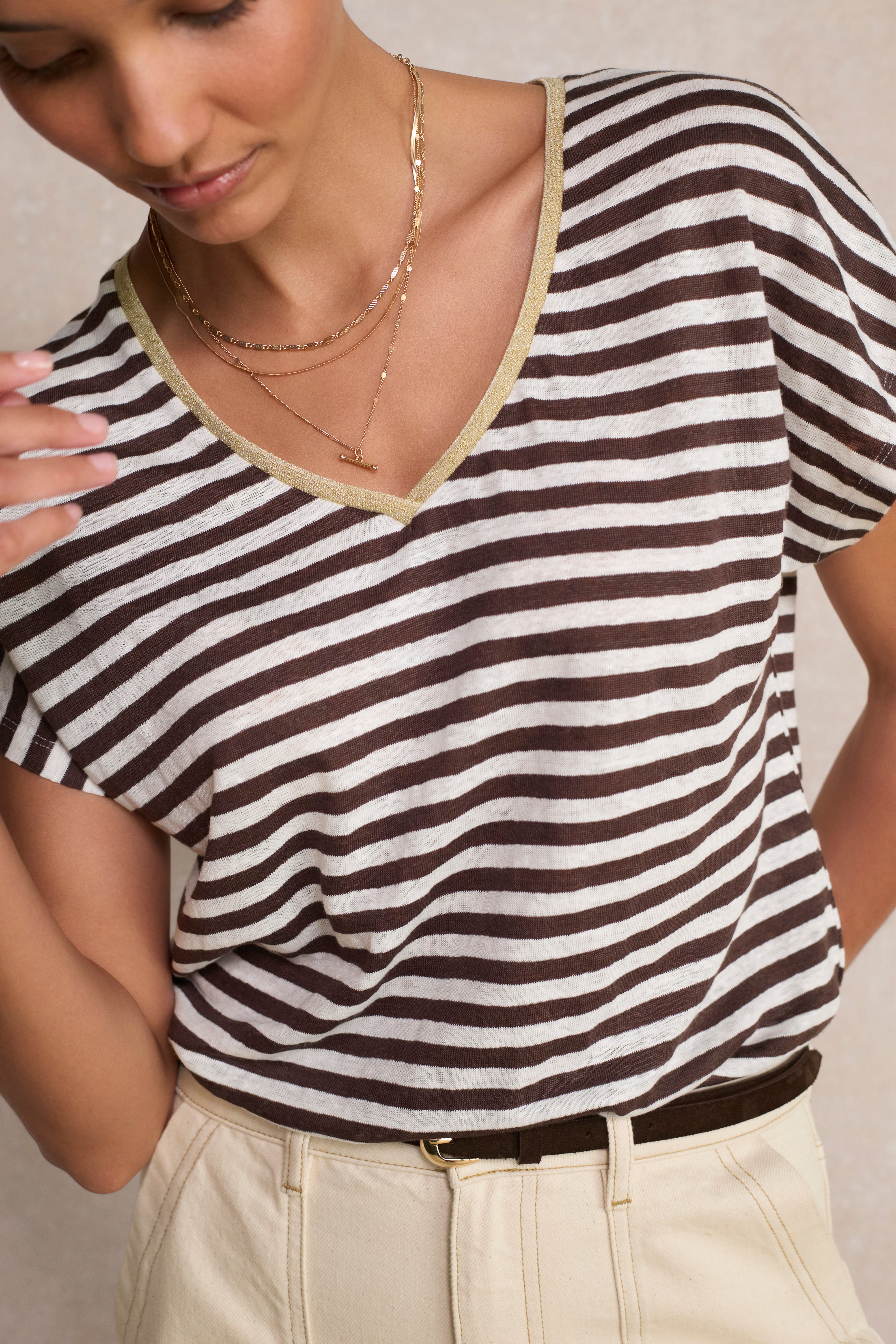 Chiara Linen V Neck Tee - Chocolate/Ivory Stripe