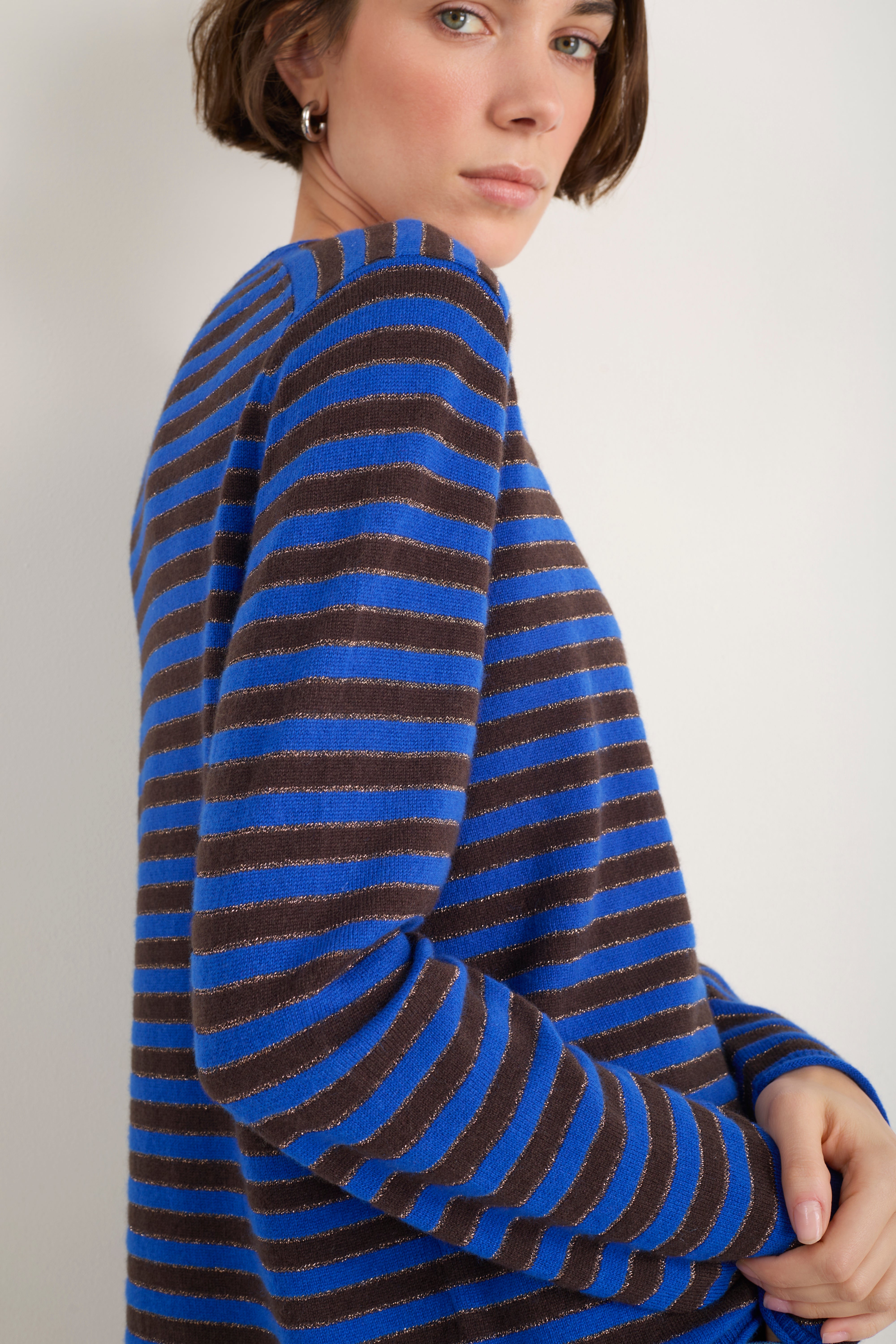 Chrissie Cashmere Jumper - Cobalt/Chocolate/Metallic Stripe