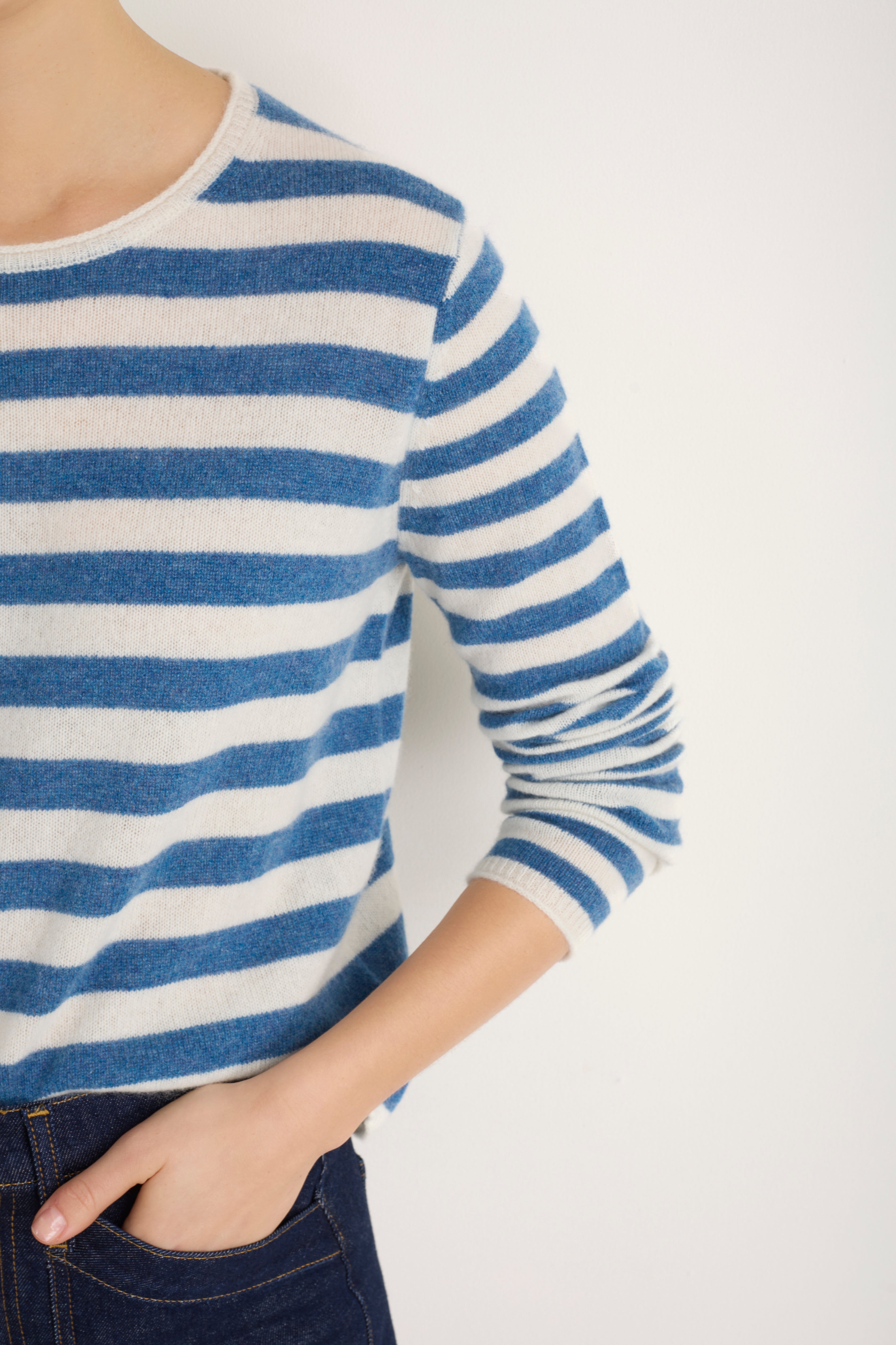 Chrissie Cashmere Jumper - Denim Blue/Ivory Stripe