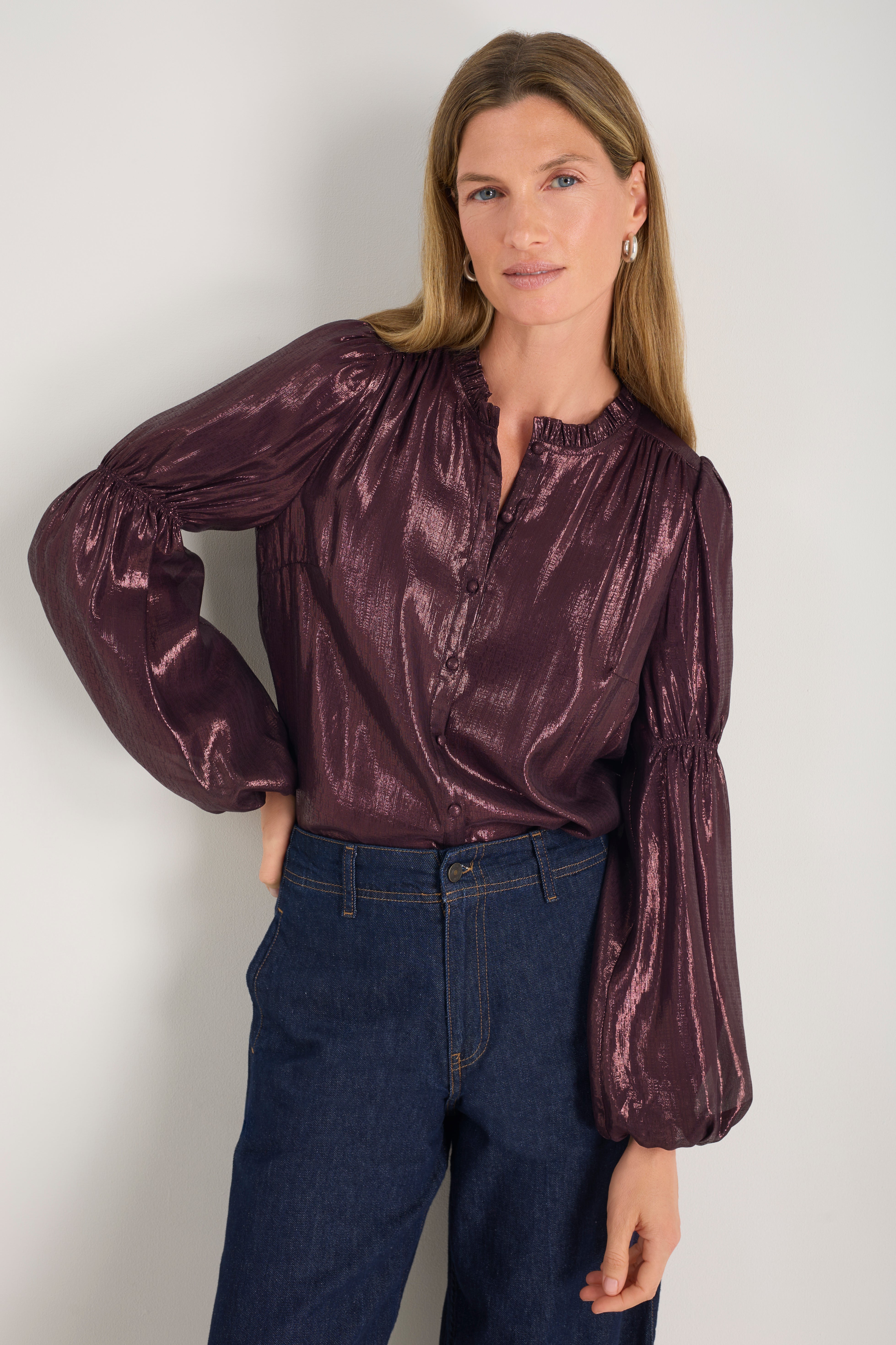 Melly Lame Blouse - Deep Fig