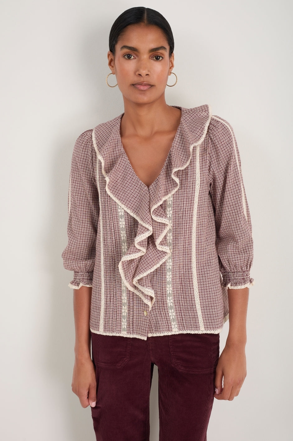 Sierra Blouse - Ecru/Deep Fig Check
