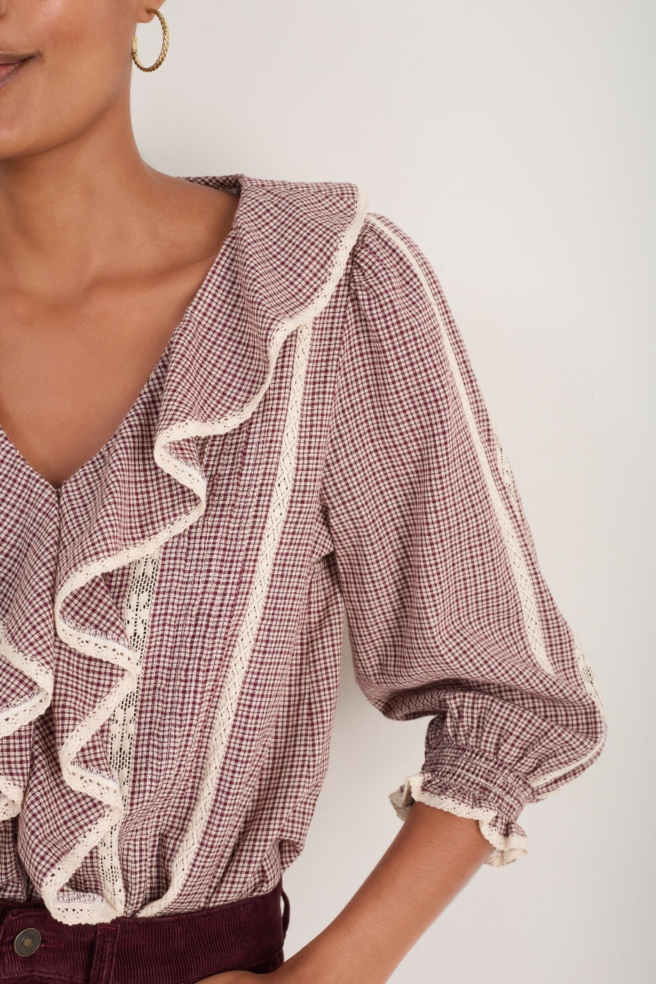 Sierra Blouse - Ecru/Deep Fig Check