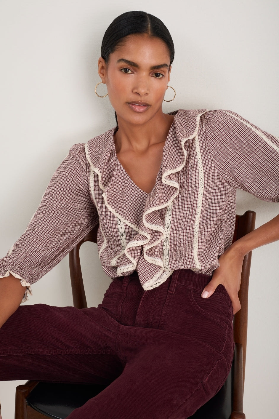 Sierra Blouse - Ecru/Deep Fig Check