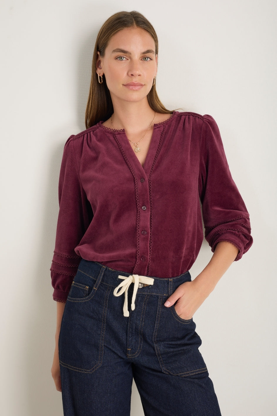 Velma Velour Blouse - Deep Fig